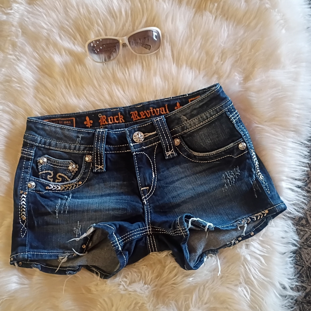 Rock Revival Dark Blue Jean Shorts with Embellishments